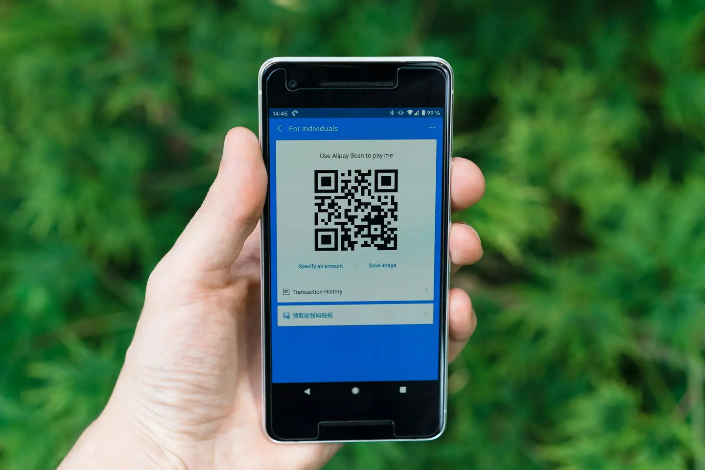 Mano sosteniendo un móvil con la pantalla de cobro por código QR de Alipay