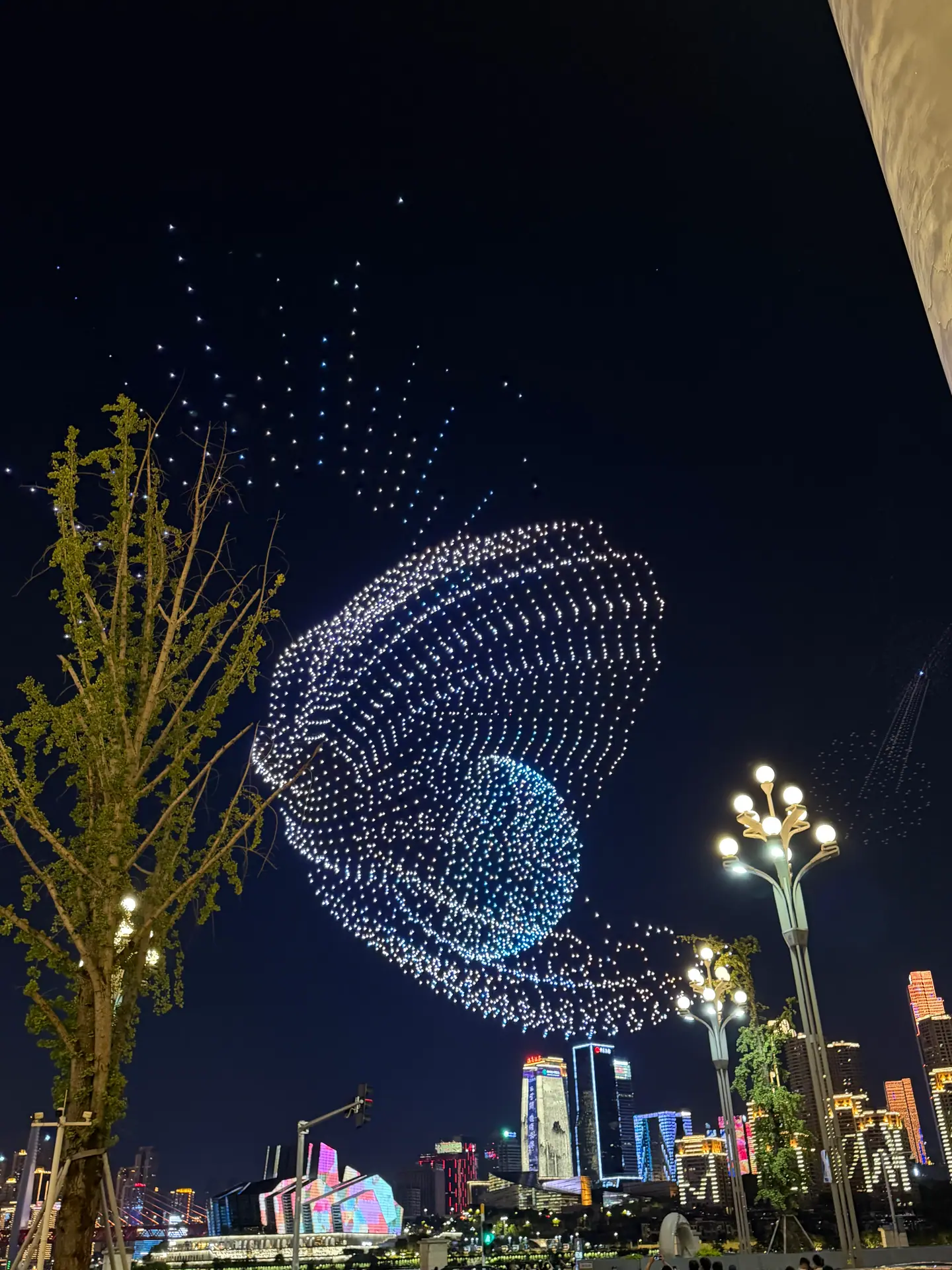 Miles de drones dibujan una mariposa luminosa sobre el río en Chongqing