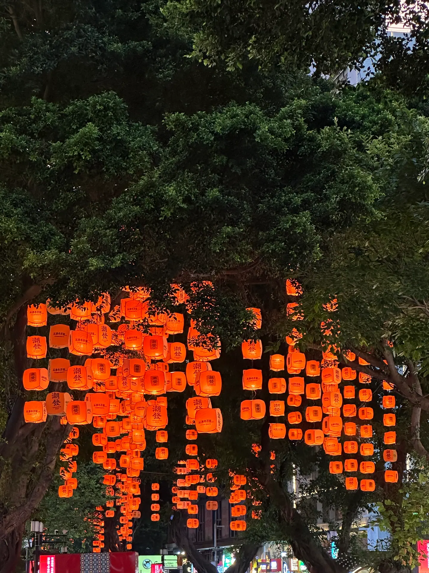 Cientos de farolillos rojos iluminados colgando de los árboles por la noche en Cantón