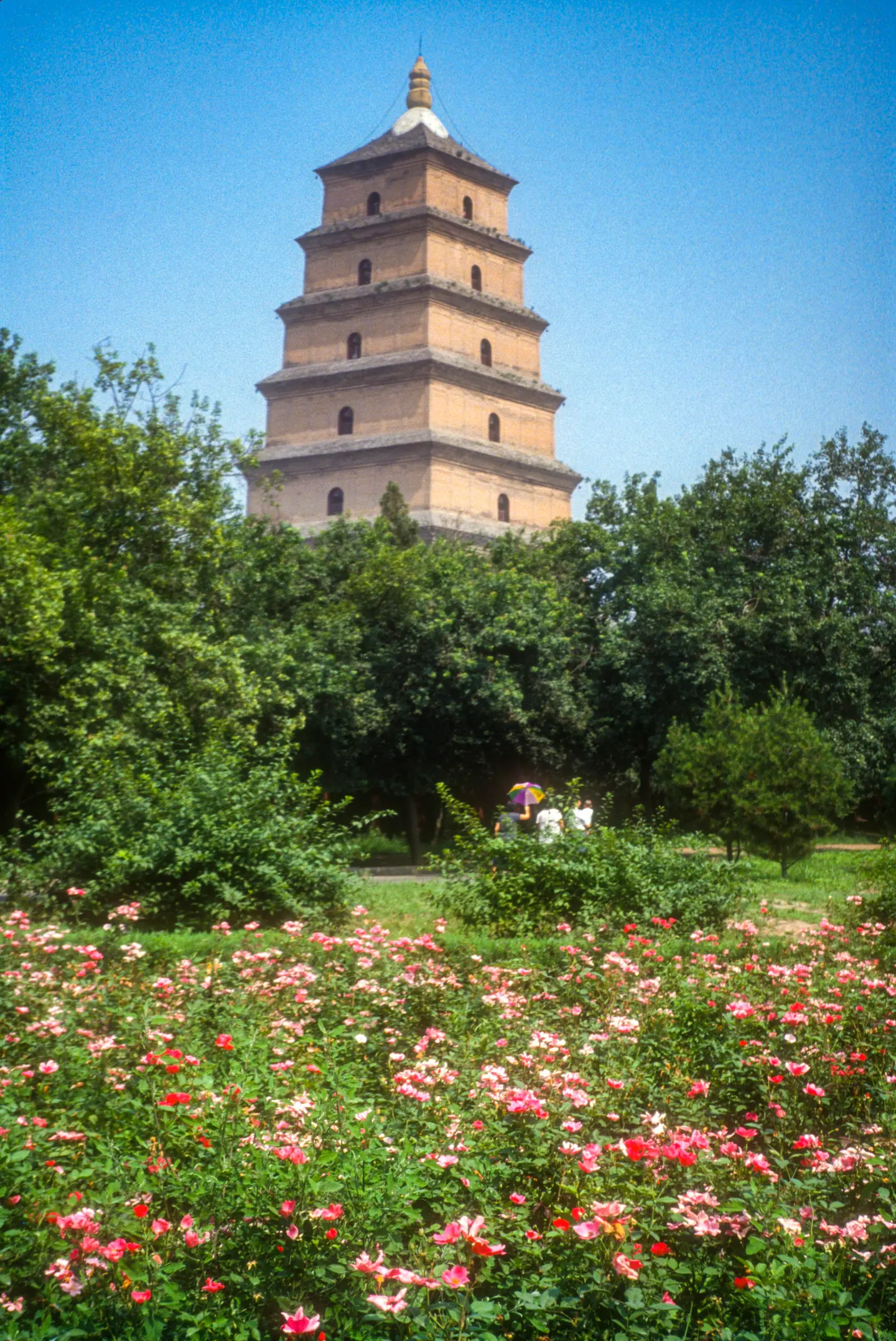 La Gran Pagoda del Ganso Salvaje de Xi'an sobre un jardín con flores