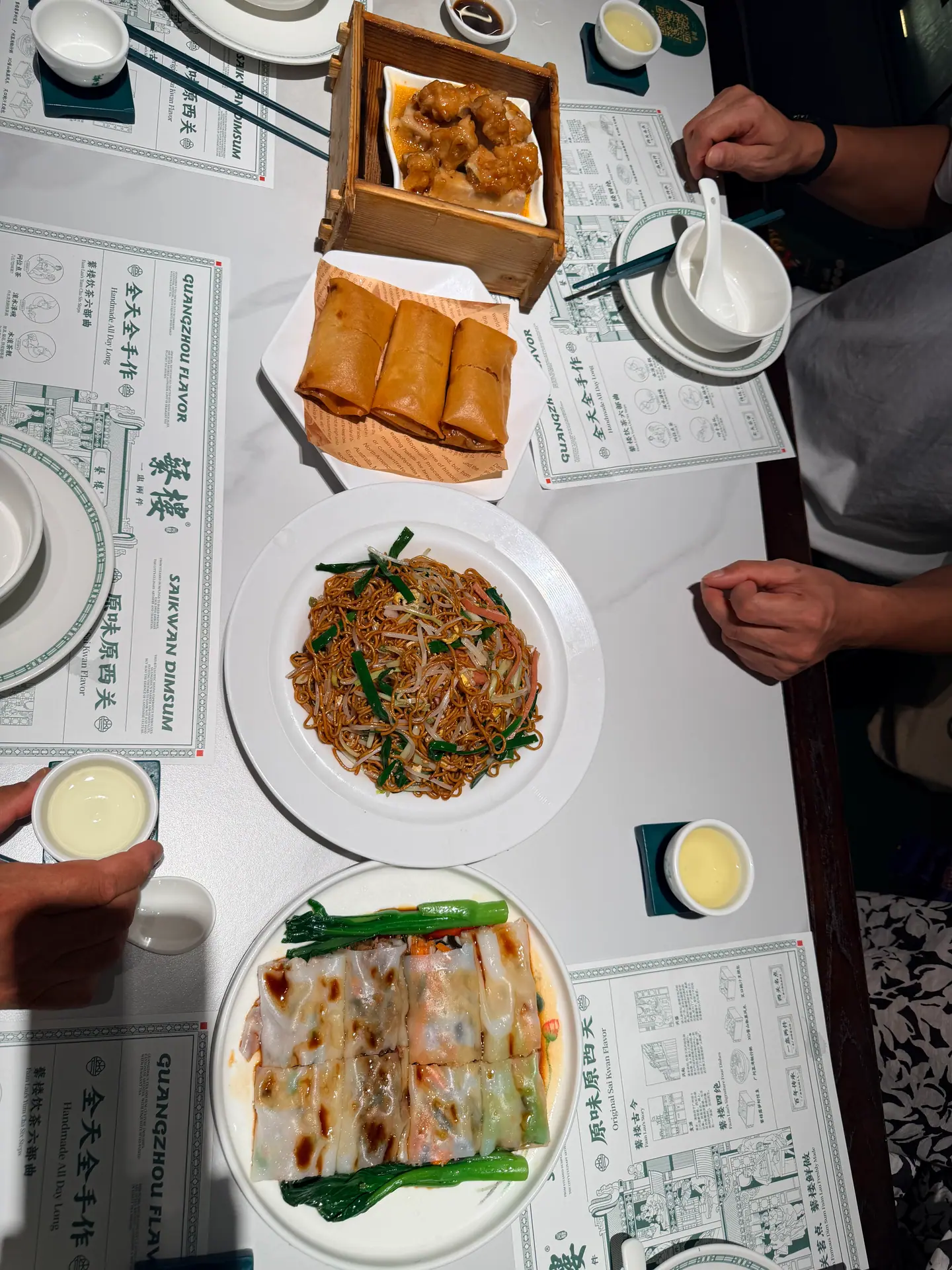Vista cenital de una mesa con platos de dim sum y té en un restaurante de Cantón