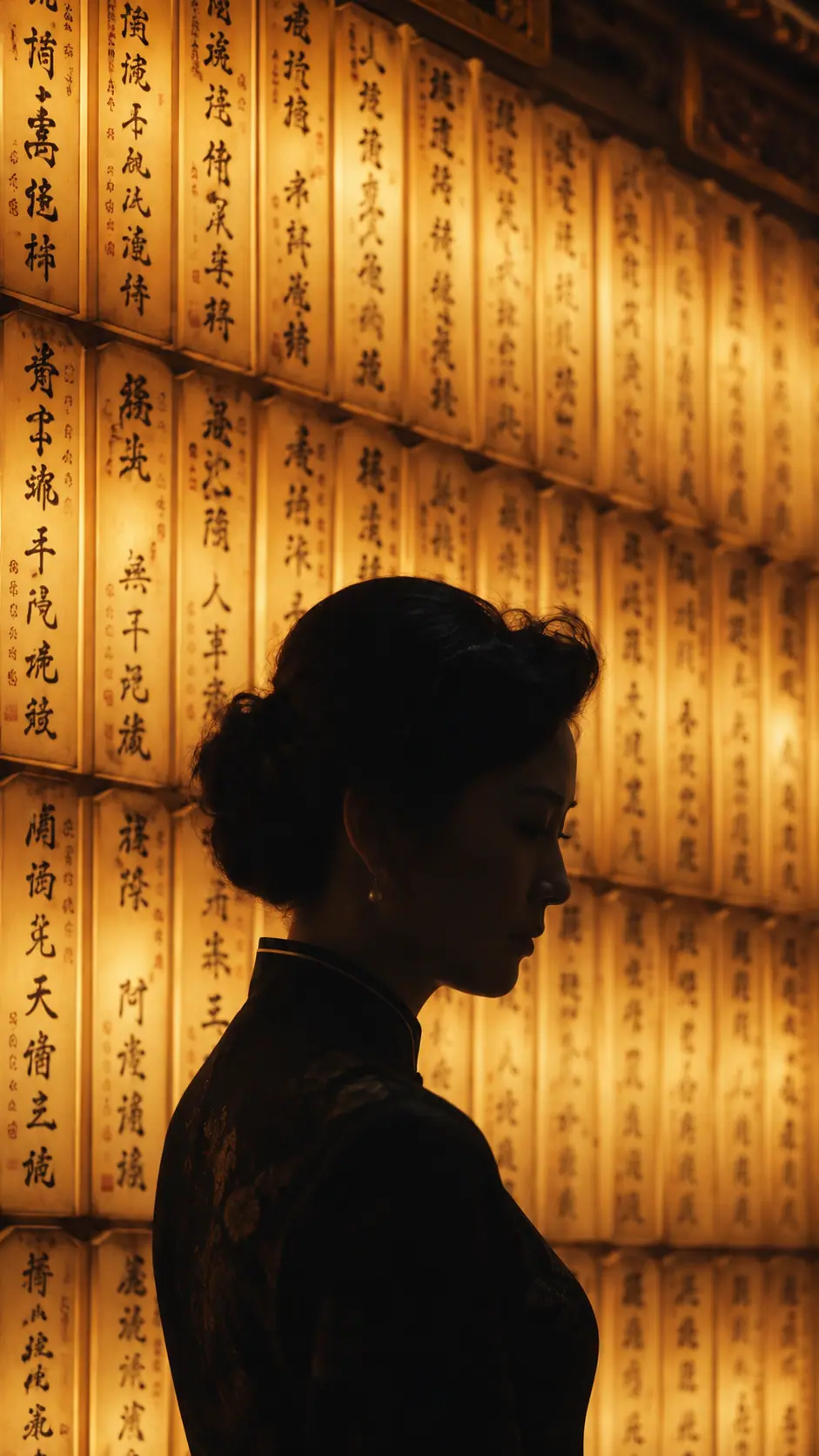 Silueta de una mujer con qipao ante una pared de faroles iluminados con caligrafía china